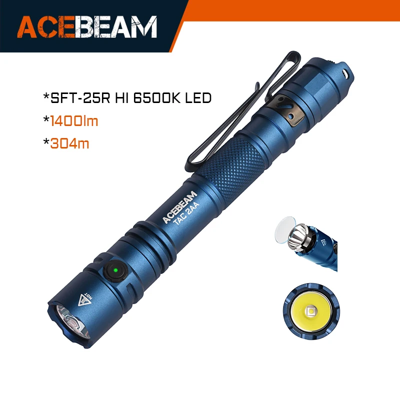 ACEBEAM TAC 2AA LED flashlight 1400 lumen 304 meters portable EDC flashlight USB-C rechargeable battery double buttons torch