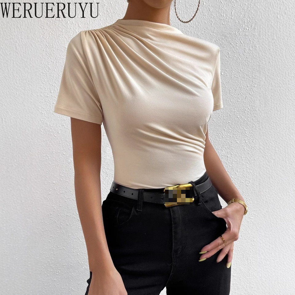  Fashion Elegant Short Sleeve T Shirt Women Y2k Clothes Spring Summer Tops Black White Turtleneck Pleated Women T Shirts New 