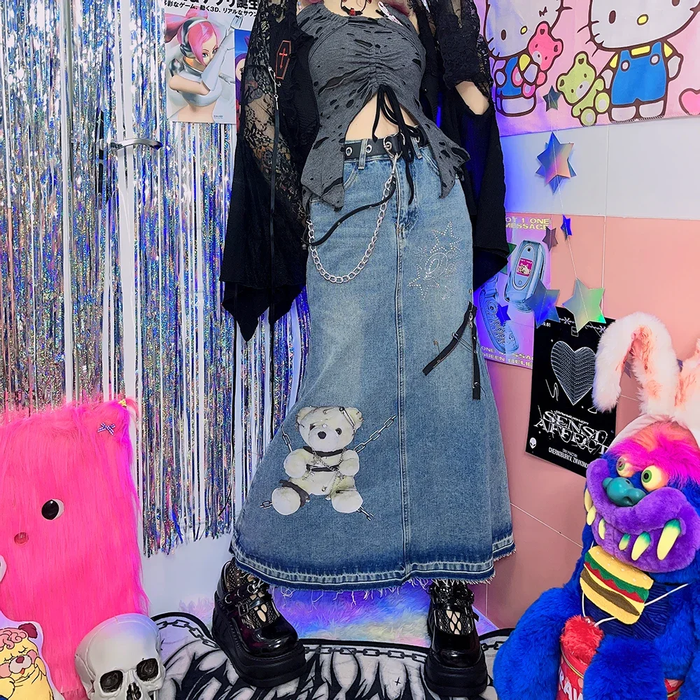 Bear Print Denim Skirt Zipper Y2K Spicy Girl High Waist A Line Long Skirt Jeans Rhinestone Pin Decorate Harajuku Style