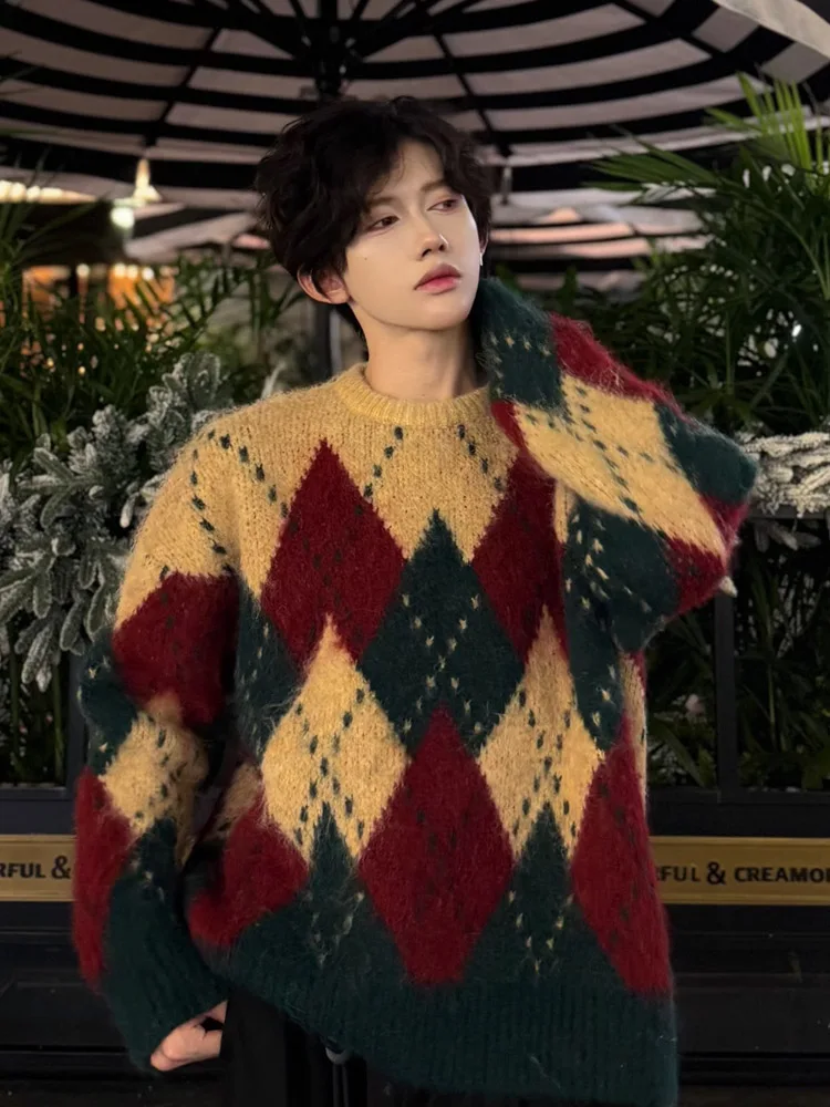 

Retro American Cisas Sweater Men's Winter Lazy Sle High End Couple Inner Knitted irt Jaet Diamond Patterned