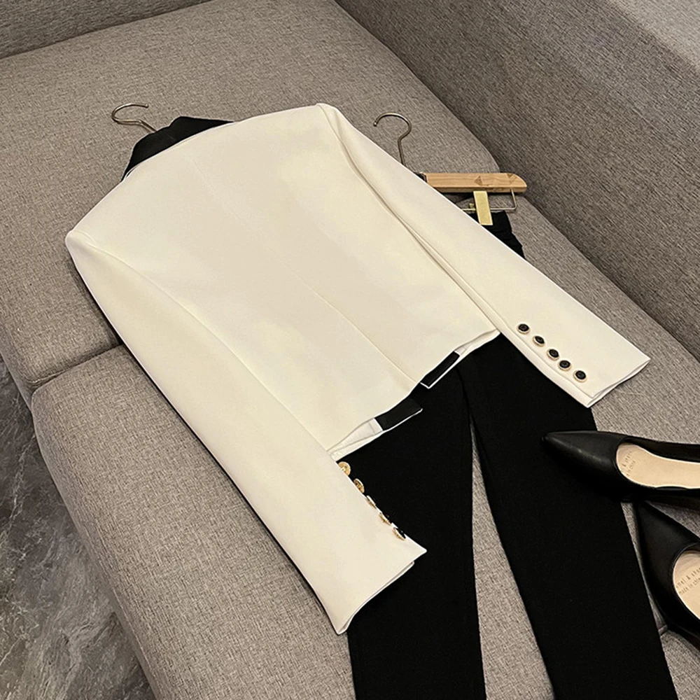 TWOTWINSTYLE Colorblock Double Breasted Accent Blazer for Women Shawl Collar Slim Tailored Designer for Office Commute KJA560559