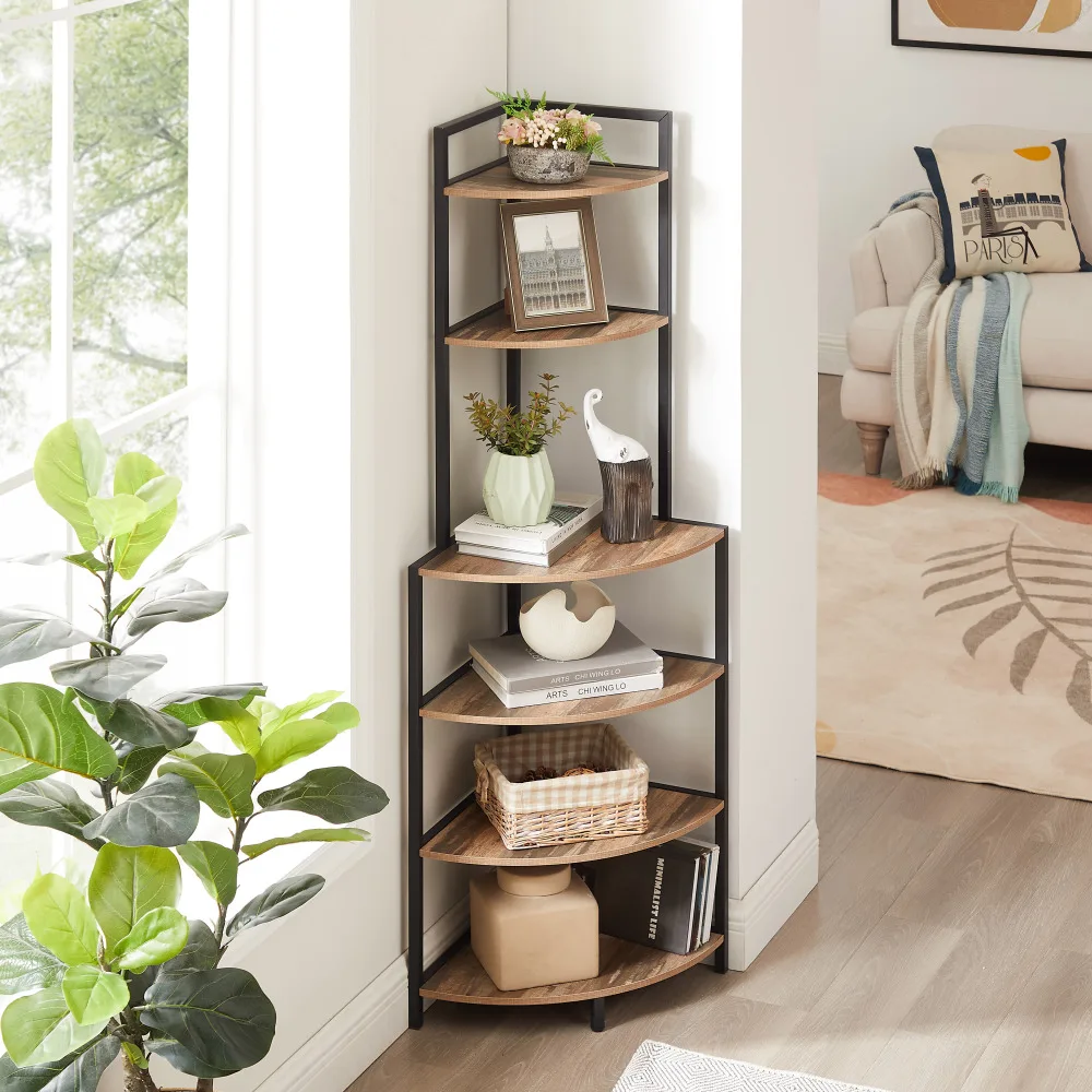 

6-Tier Corner Open Shelf Modern Bookcase Wood Rack Freestanding Shelving Unit Plant Album Trinket Sturdy Stand Small Bookshelf