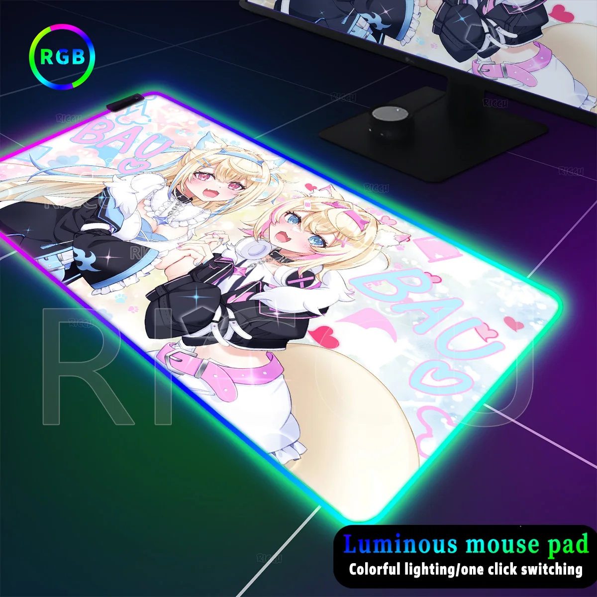 RGB Anime XXL Popular Virutal Idol Fuwamoco Computer LED Mouse Pad Backlight Keyboard Cute PC Gaming DeskMat Carpet Kawaii Girls