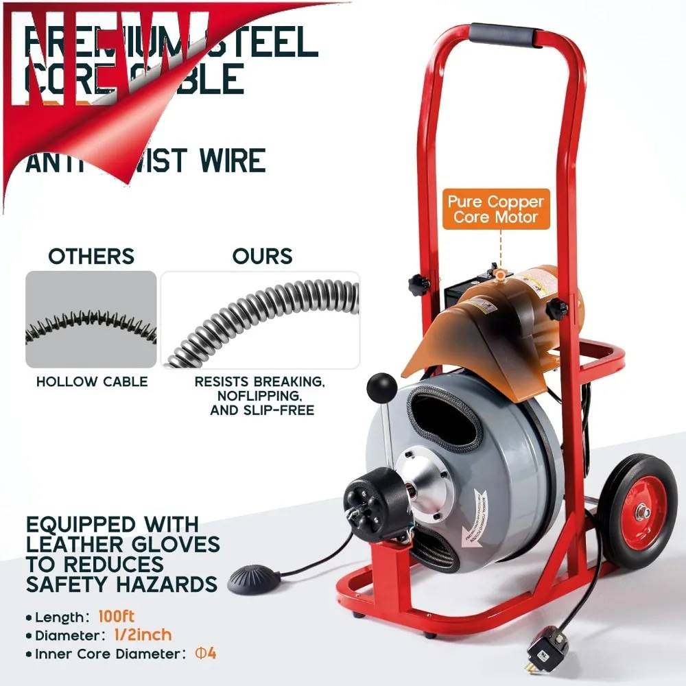 

Новый стиль 100-футового электрического сливного очистителя с автоматической подачей и 10 фрез, змеиный шнек для труб диаметром 1–4 дюйма, ножного переключателя и колес