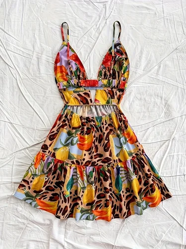 Imagen 2 del producto Camisola de encaje con estampado floral para mujer, vestido de playa elástico con cuello en V y espalda descubierta, sexy, para vacaciones