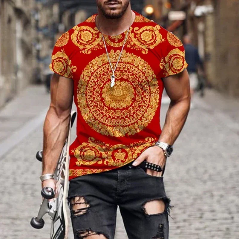 

Luxury Baroque style 3D printed T-shirt for men and women, high-quality polyester round neck loose fitting short sleeved T-shirt