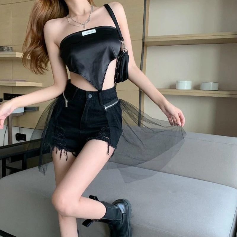 الشارع الشهير ممزق الدينيم السراويل النساء Y2K شبكة المرقعة واسعة الساق السراويل الجينز الكورية عالية الخصر تصميم عادية قصيرة السراويل الساخنة