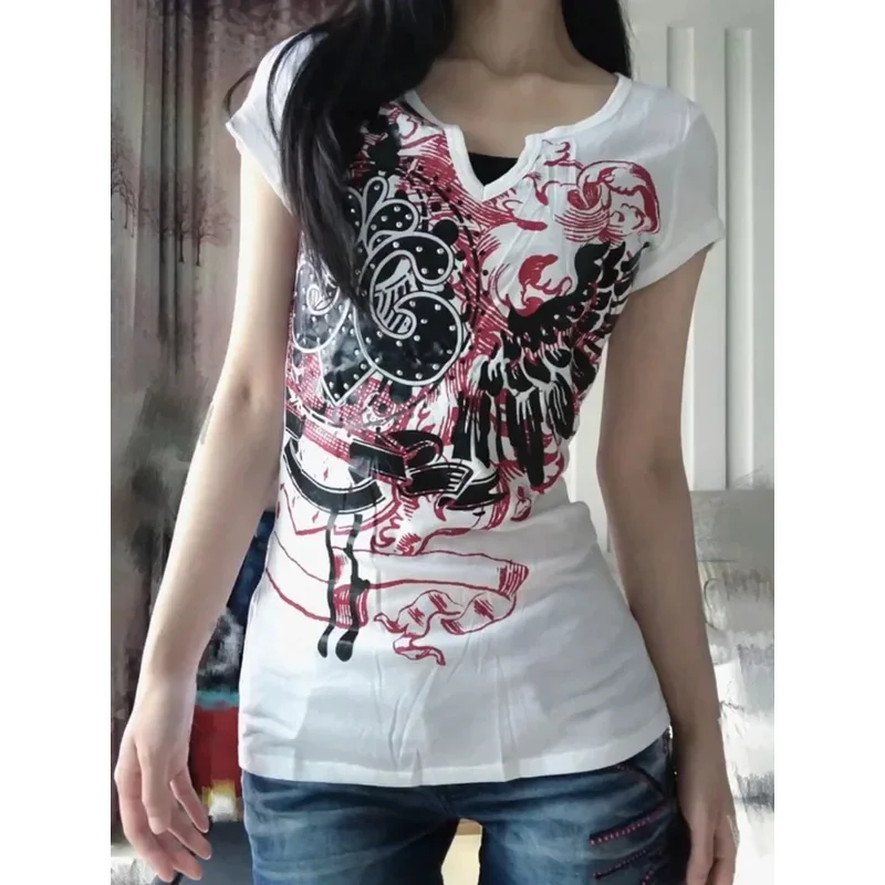 

❤❤2025 HOUZHOU Punk Harajuku Graphic Tshirts Women Japanese Style Y2k Vintage 2000s Aesthetic Grunge Top Gothic Short Sle New ★☆