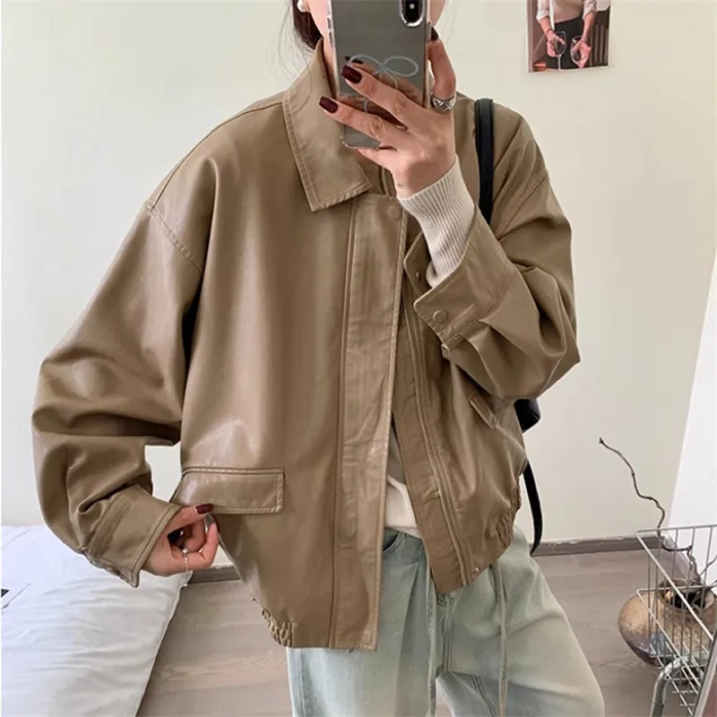 Streetwear Casual Fashion Vintage Brown Faux Leather Coat Women Spring Autumn Loose Lapel Long Sleeve Female Biker Jackets Coat