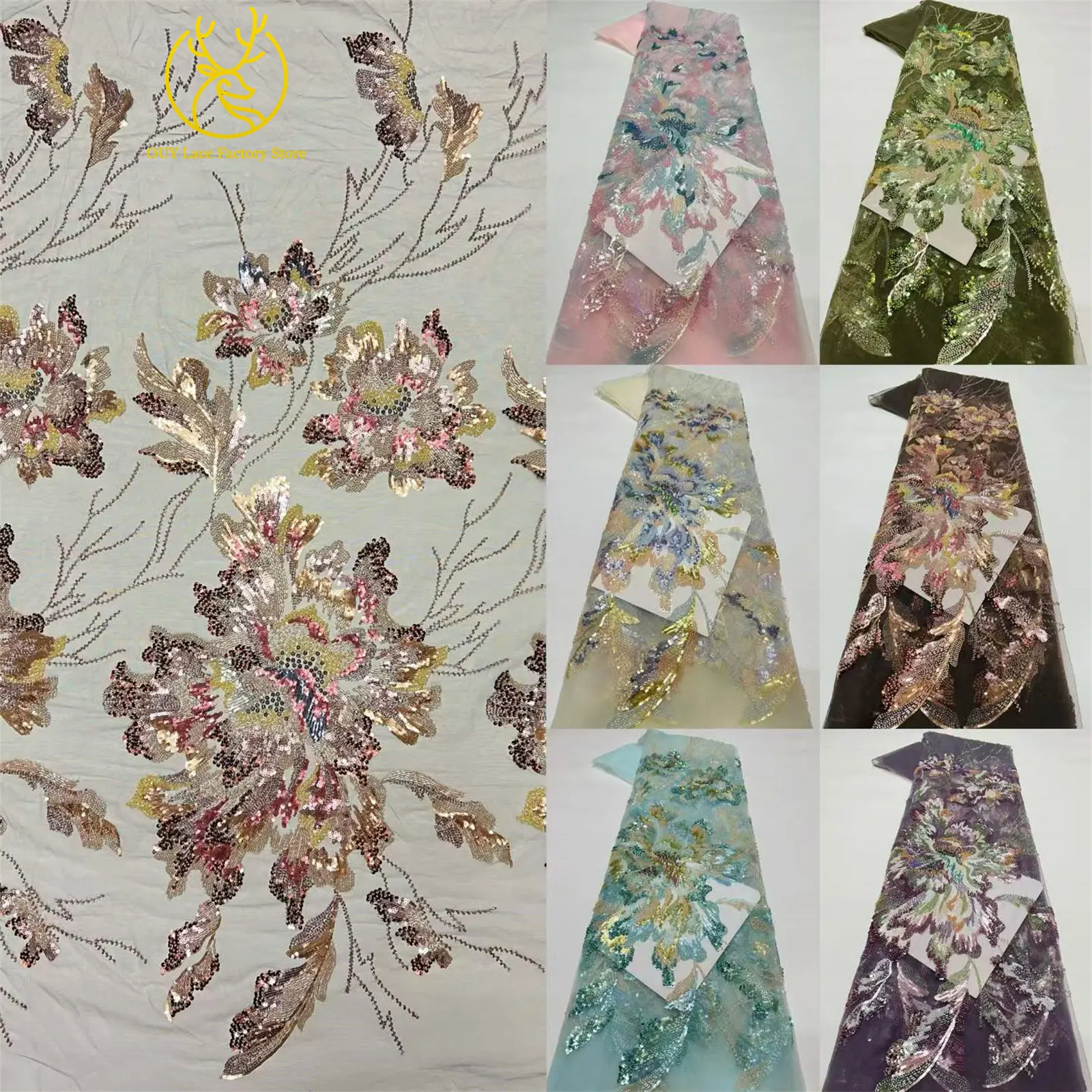 Neuer Stil Luxuriöser Afrikanischer Perlen-Spitzenstoff mit Großen Blumen 2026 Hochwertiger Nigerianischer Pailletten-Spitzenstoff für Brautkleider – Detail 3