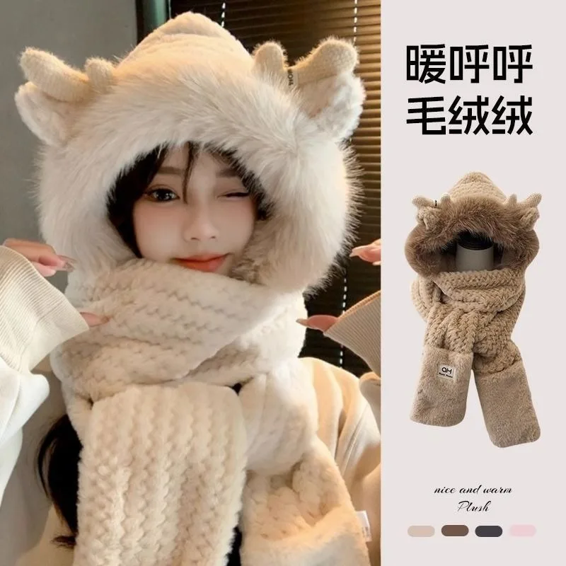 Cute winter furry warm ear protection three piece set, double-layer thick scarf, gloves, one-piece hat