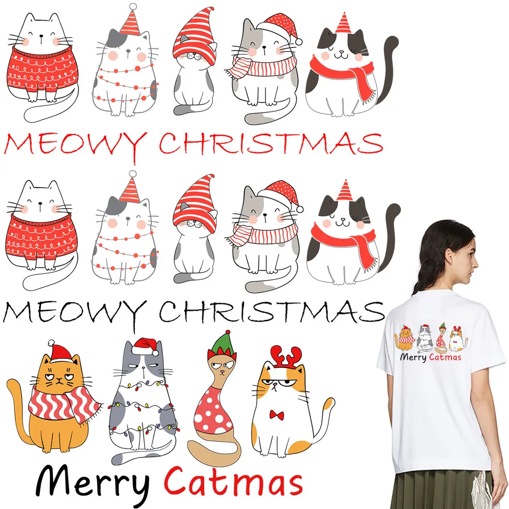 Cartoon Cat Iron On Transfer Meowy Christmas Thermal Sticker On Clothes Applique Heat Transfer Clothing Patch T Shirt DIY Decor