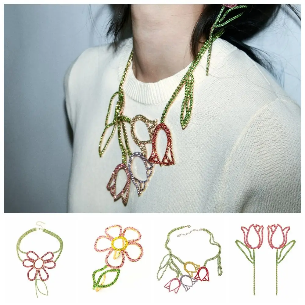 

Elegant Alloy Daisy Necklace Flower Rhinestone Exaggerated Drop Earrings Colorful Tulip Flower Pendent Women Jewelry Daily Life