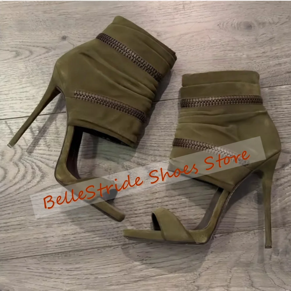 Army Green Zipper Decor Side Zipper Sandals Open Toe Women Shoes Thin High Heels Party Banquet Dating 2025 Zapatos Para Mujere - Image 3