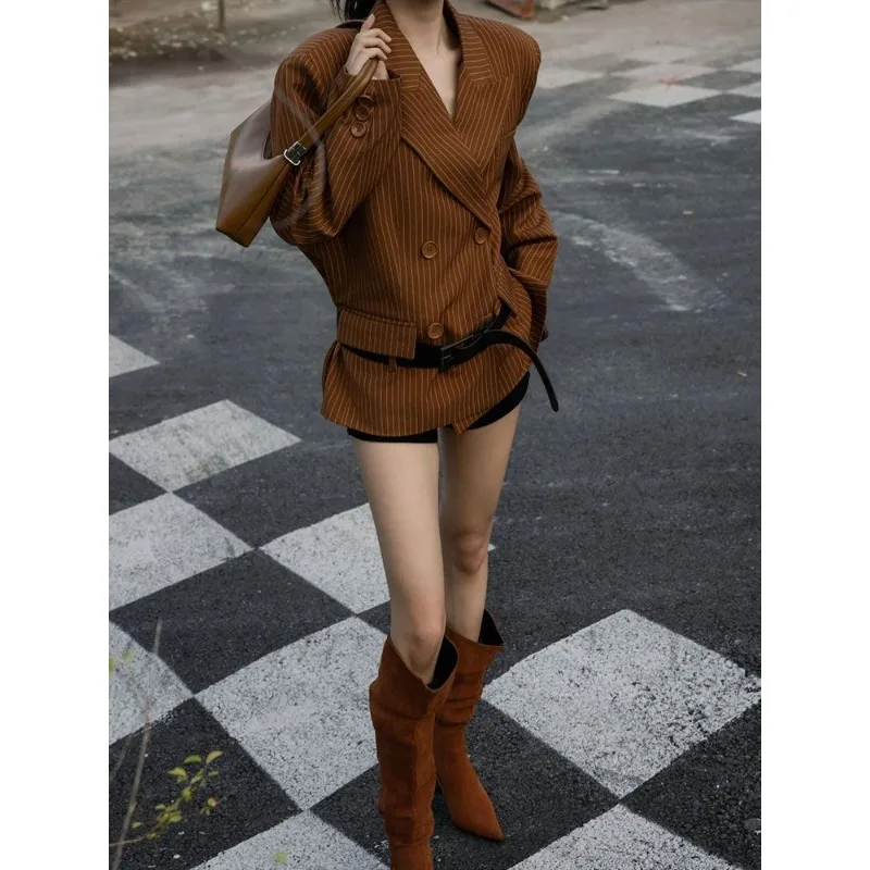韓国風ストライプカジュアルスーツジャケット、ルーズフィット、ダブルブレスト、ウエスト（タイウエスト）、レトロ、通勤に適したトップス