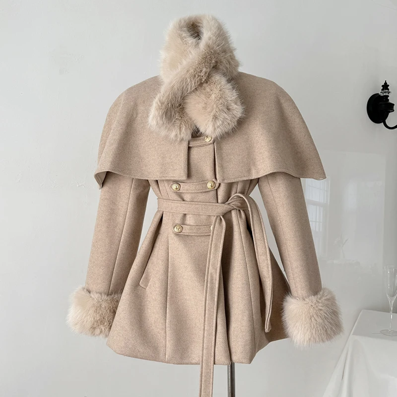 

Thick Detachable Cape Wool Coat Woolen Jacket Poncho Fur Overcoat Elegant Poncho Autumn Winter 2026 New Black Apricot Outwear