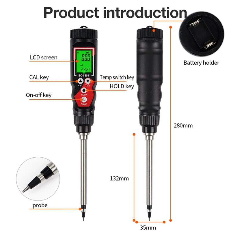 Rilevatore di terreno EC Tester di temperatura del terreno digitale EC Misuratore di conducibilità elettrica del terreno per piante in vaso da giardino