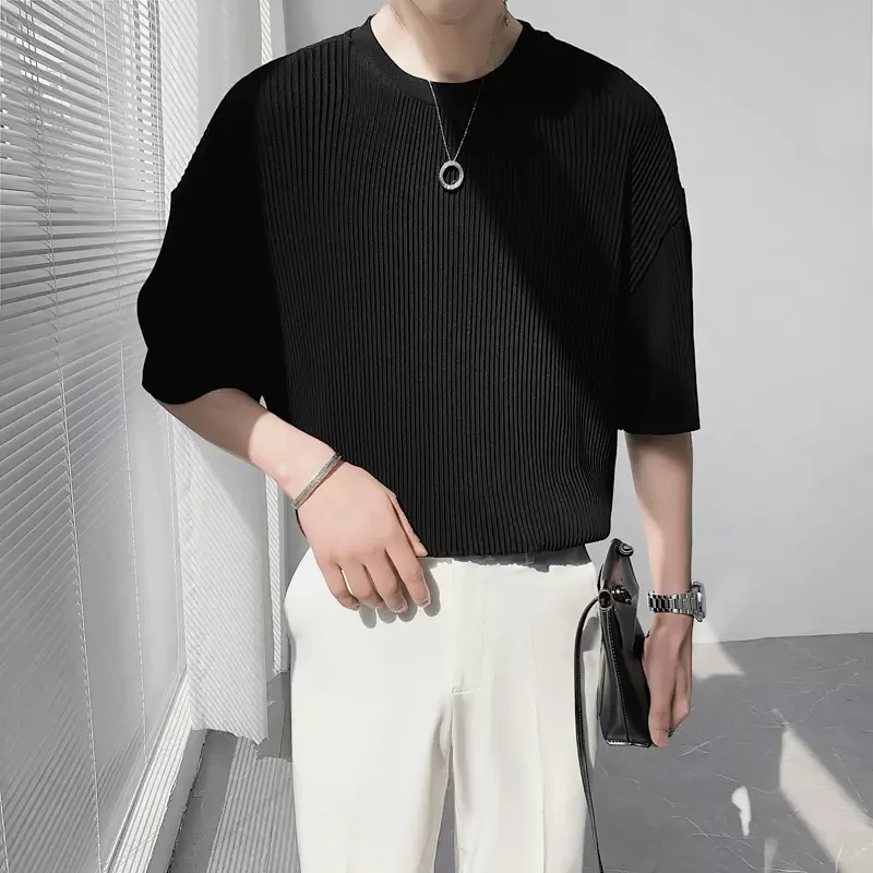 Korean High Street Summer T-Shirts Men Round Neck Solid Ice Silk Fabric Screw Thread Casual Versatile Half Sleeve Loose Tops