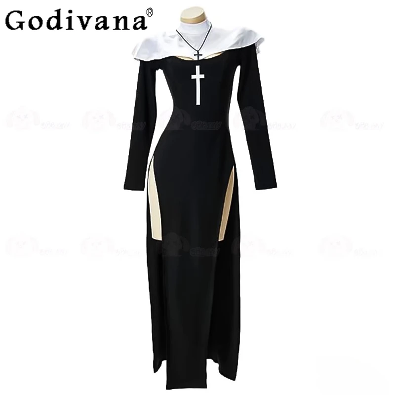Ropa de actuación bonita para Halloween, disfraz Sexy de monja de Anime para mujer, disfraz de actuación para mujer, vestido elegante negro y chal