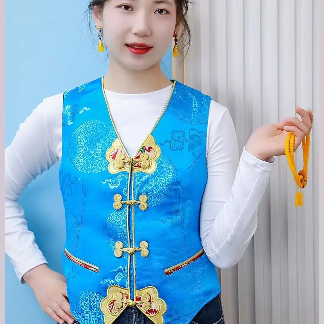 Women's brocade-trimmed Tibetan minority style vest jacket