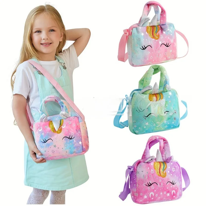 

Детская мода, милый единорог, вышивка, случайная красочная плюшевая мини-сумочка с принтом тай-дай, может быть через плечо, портативная двойного назначения