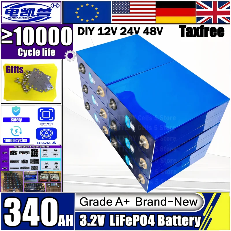 

Lifepo4 3.2V 340Ah 10000 cycle Grade A Battery DIY 12V 24V 48V RV Boat Solar Camping Lithium iron phosphate Rechargeable Cell