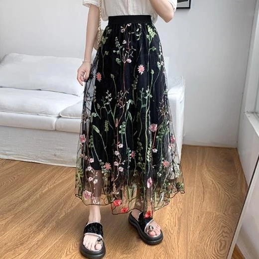 

Женская сетчатая юбка с цветочной вышивкой и высокой талией, кружевная юбка-миди, весна-лето