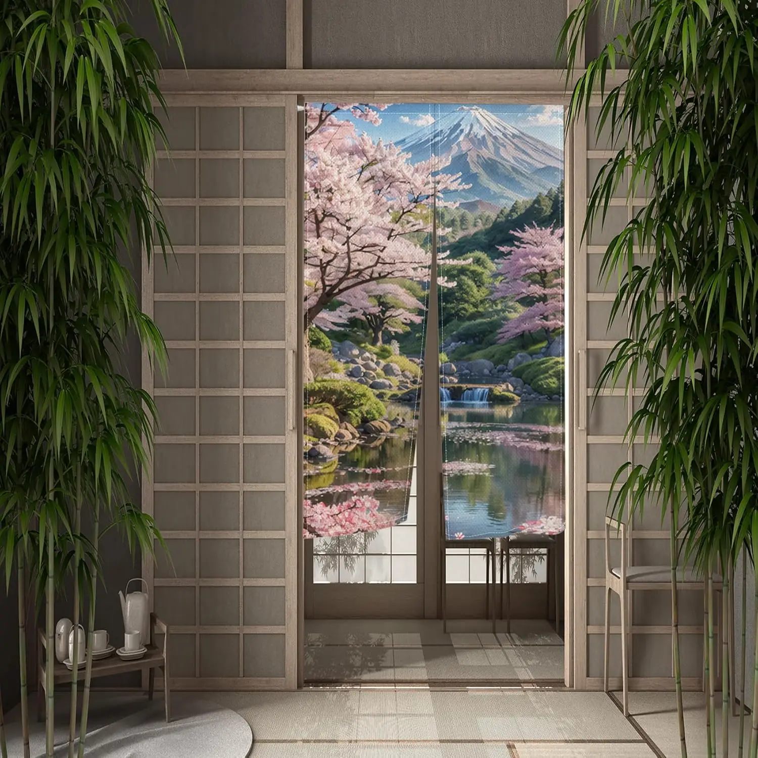 Japanese Landscape Noren Curtain, Mount Fuji & Cherry Blossom Garden Design, Serene Japanese Garden Home Decor Partition