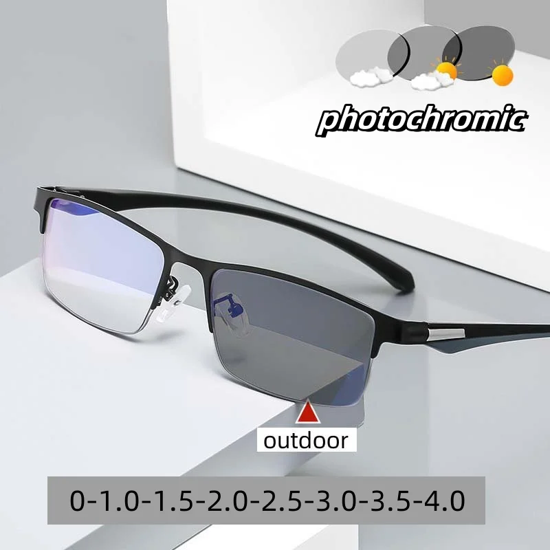 

Intelligent Color Changing Myopia Eyewear Outdoor Photochromic Eyeglasses Men's Half Frame Near Sight Glasses 0 To -4.0 Degree