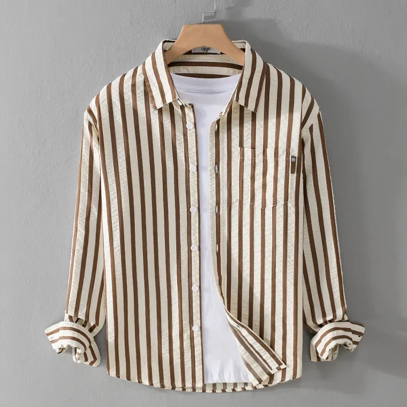Men's Striped Long Sleeved Shirt Versatile and Minimalist Youth Shirt