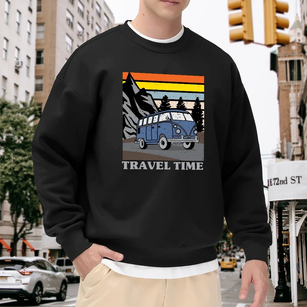 

Men's Black Crew Neck Pullover Sweatshirt, Vintage Travel Bus Print, Loose Fit, Street Casual Top, Versatile Trendy Item for Everyday Wear, Comfortable and Breathable