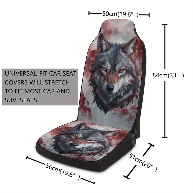 A Set of Two Bloodthirsty Wolf Head Printed Universal Single Seat Covers Suitable for Most Car Models