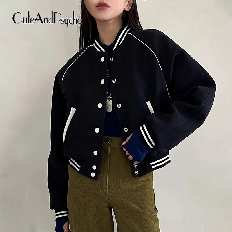 

Cuteandpsycho Long Sleeves Basic Baseball Uniform Y2K Zip up Chic Streetwear Button Coats Casual Vintage Crewneck Korean Jackets