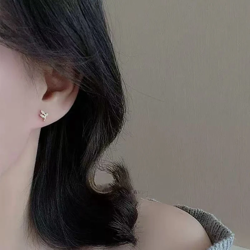 Real 925 Sterling Silver Zircon Leaves Mini Stud Earrings For Women Party Classic Fine Jewelry Small Niche Plant Accessories view 3