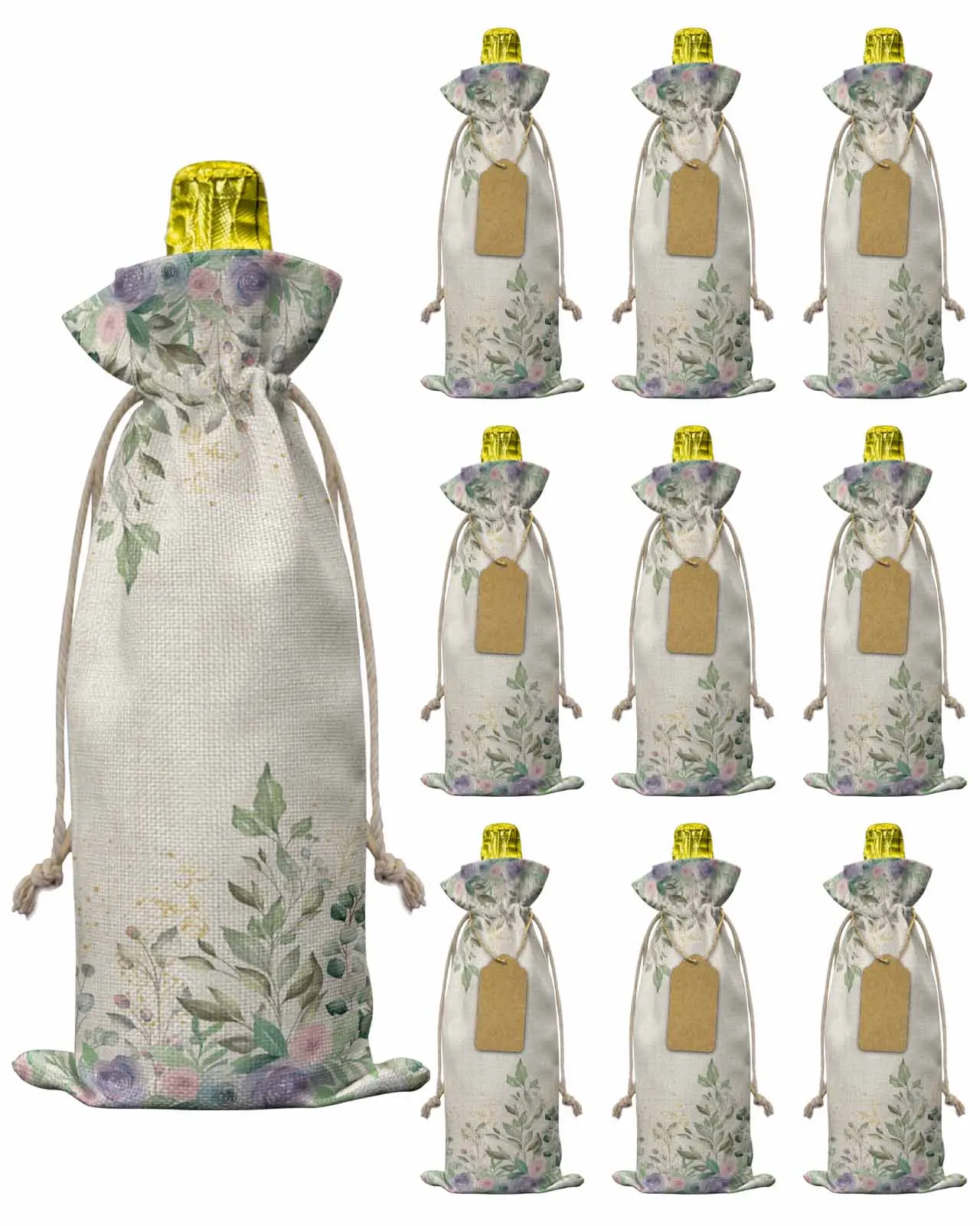 10pcs Flowers Eucalyptus Leaves FlowersWine Bottle Bag with Drawstring Festive Party Decor Wine Bottle Covers Gift