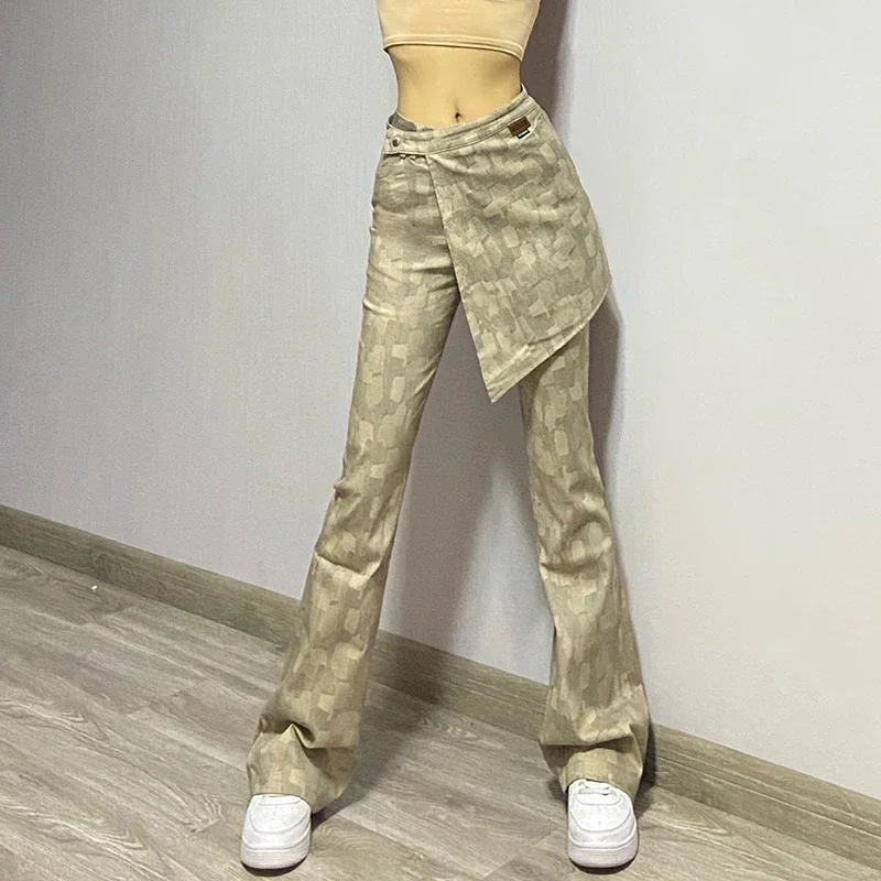 

New Spring Autumn Streetwear Harajuku Punk Gothic Hot Girl Khaki Stitching Pants Fashion High Waist Casual Slim Pants