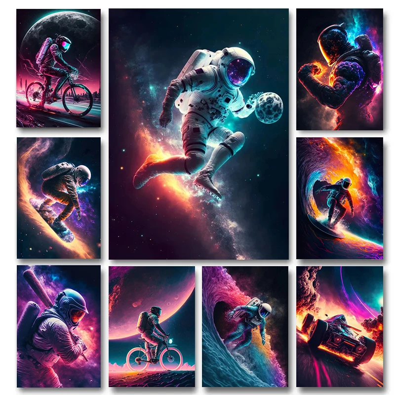 

Neon Pop Art Canvas Painting Sports Astronauts Cycling Race Car Space Soccer Ball Posters and Print Wall Art Pictures Home Decor