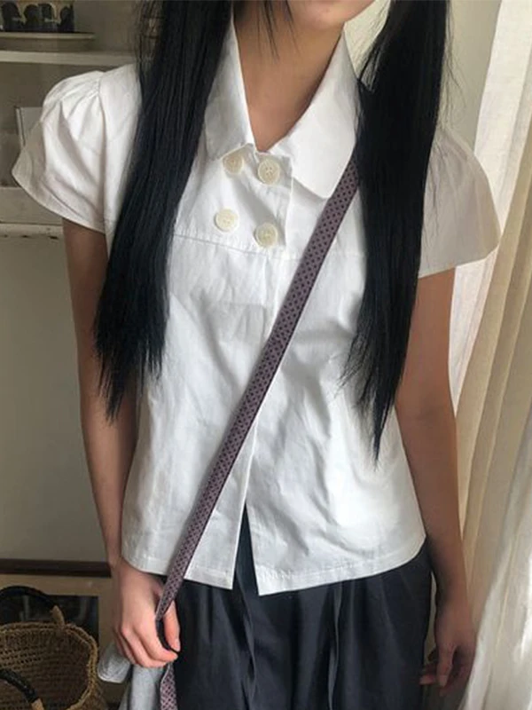 

Chic Casual Short Sleeve Doll Collar Shirt Women's Vintage Summer Top Breathable Skin-Friendly Korean Style Straight Cut