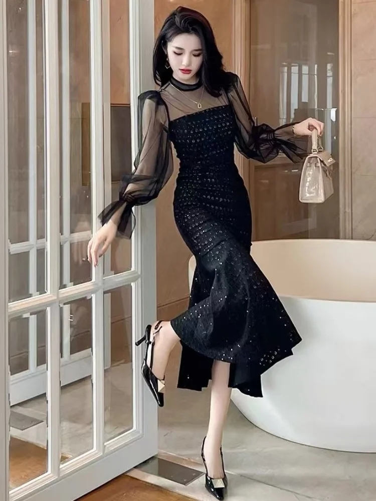 SMTHMA New Autumn Flare Sleeve Slimming Mermaid Dresse Vintage Elegant Patchwork Mesh Temperament Mid Length Party Dresses