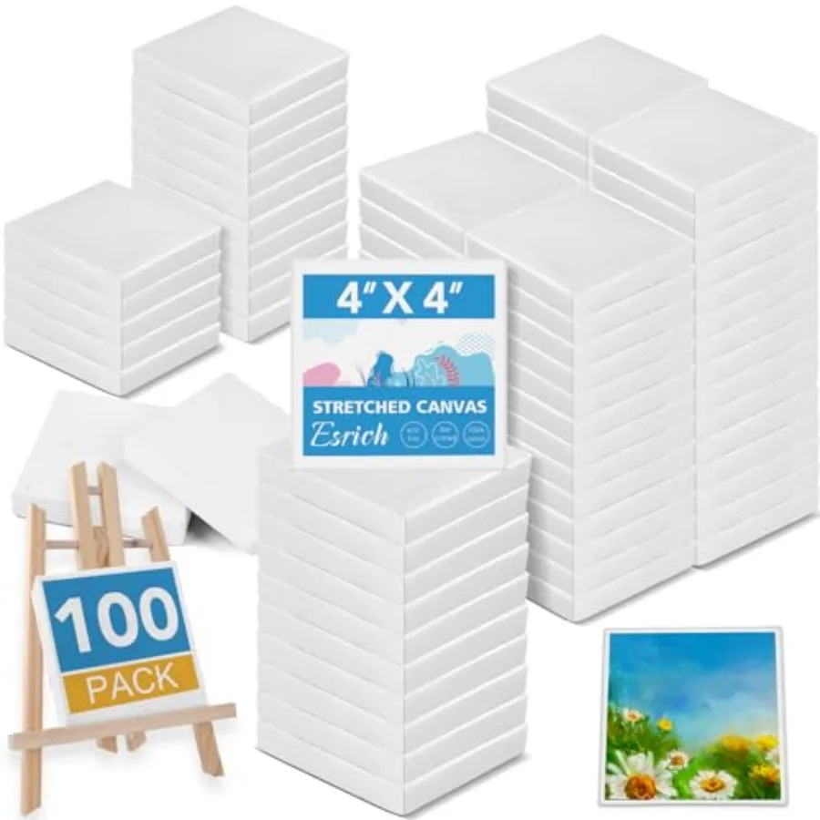 

Mini Canvases for Painting, 4x4In Canvas in Bulk 100 Pack, 2/5In Profile Small Square Canvas, Blank Canvases are Great for Scho