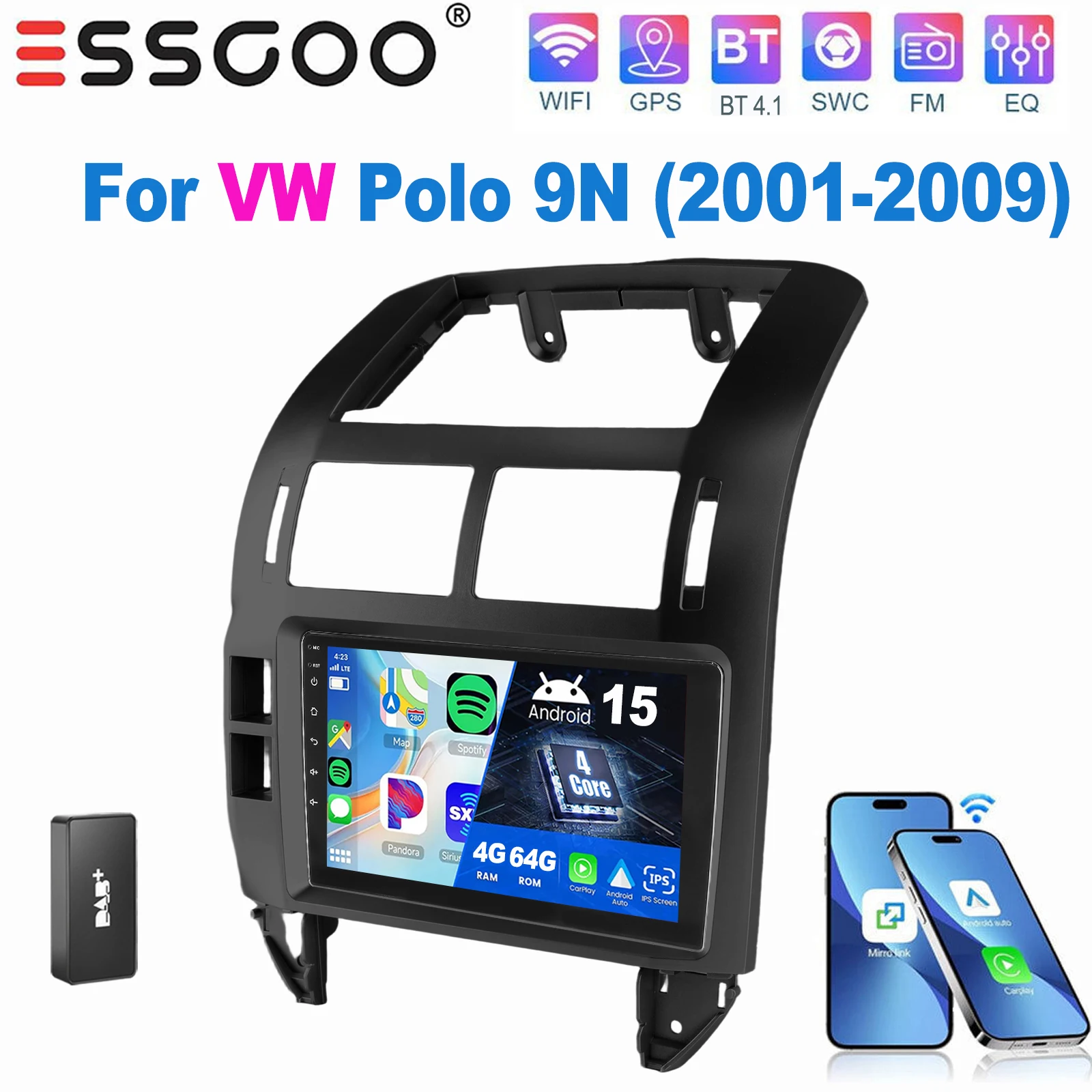 ESSGOO 9 Inch IPS Touchscreen Voor VW Polo 9N 2001-2009 Autoradio Apple Carplay Android Auto GPS Navigatie WIFI FM Stuurwielbediening RDS Android 15 Mirror Link Bluetooth ASP Geluid Split Screen