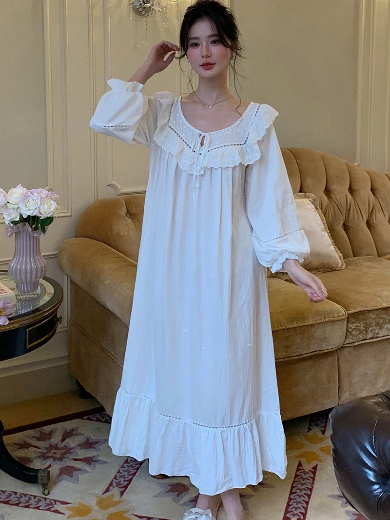 French Nightgown for Women Autumn Princess Cotton Sleepwear Long Sleeve Loose Home Clothes Victorian Nightdress Loungewear