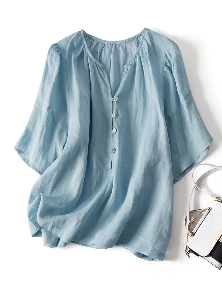 

Retro Korean Sle V-Ne Cotton Linen irt Women's Loose Fit Summer Thin Top Small Design Sense Upper Apparel