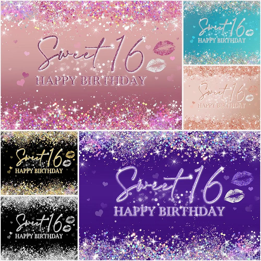 

Sweet 16 Birthday Photography Backdrops Flash Bokeh Photo Booth Heart Love Lip Print Girl Party Banner Decoration Studio Props