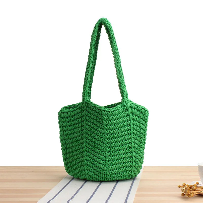 Handwoven Korean casual solid color cotton water bucket bag with a unique lazy style, one shoulder underarm bag