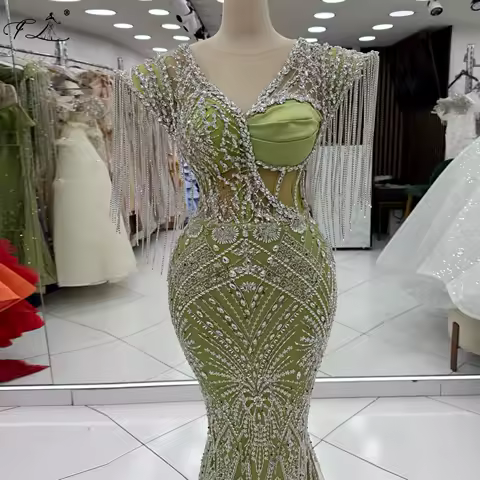 Crystal Tassel Mermaid Dress Green Cup-Sleeve Evening Dress Cocktail Party Dress Prom Dress Customizable Formal Occasion 2026