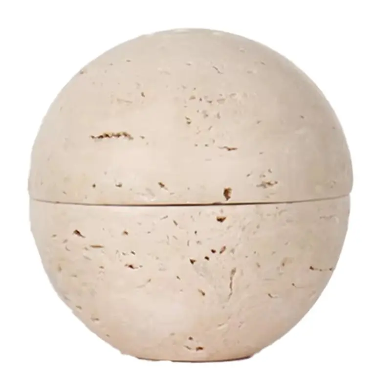 RMWIN-2X Beige Travertine Sphere Incense Burner Natural Marble Stone Home Decoration, Religious Round Ornament B