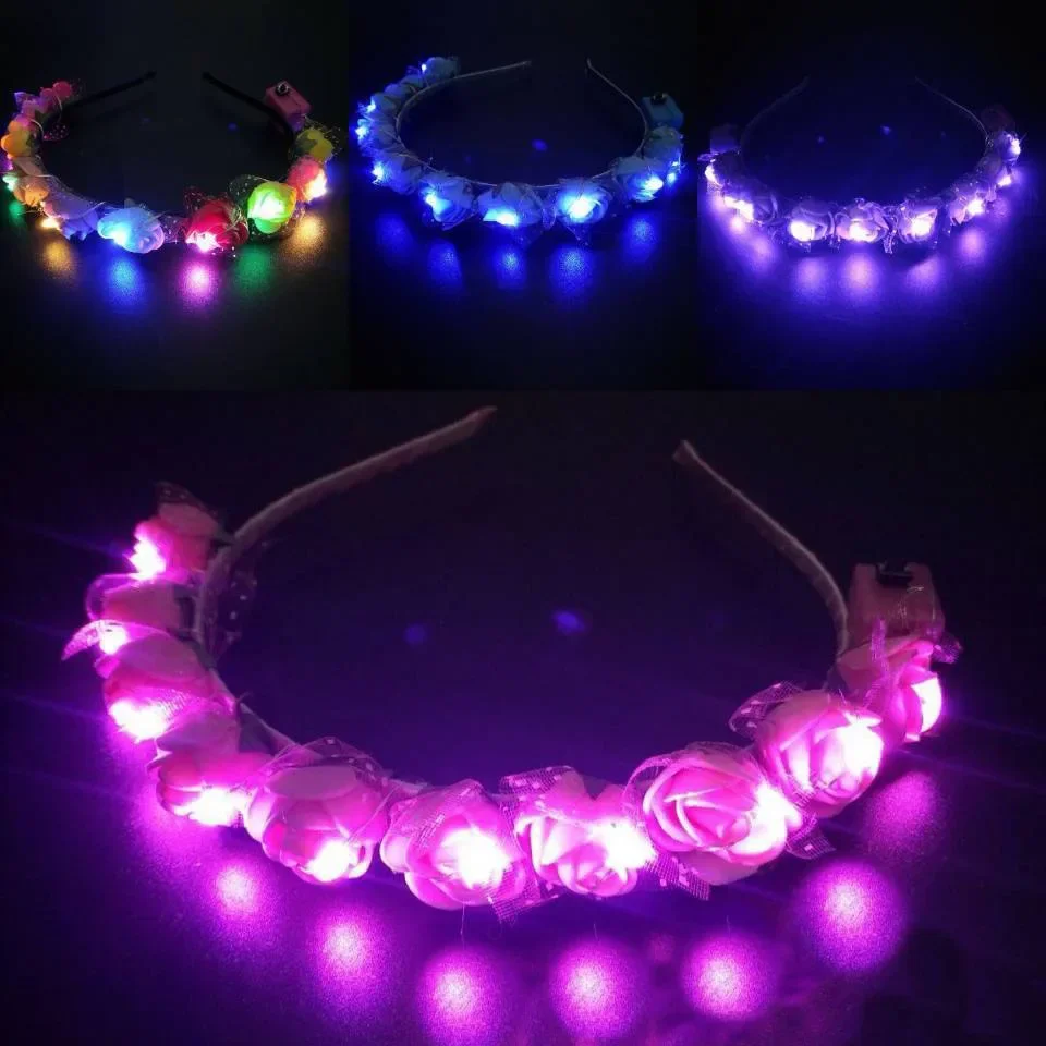 20pcs Women Girl Flower Headband Light Up Glow Hairbands Blinking Wreath Birthday Costume  Party Supplies Wedding Festival