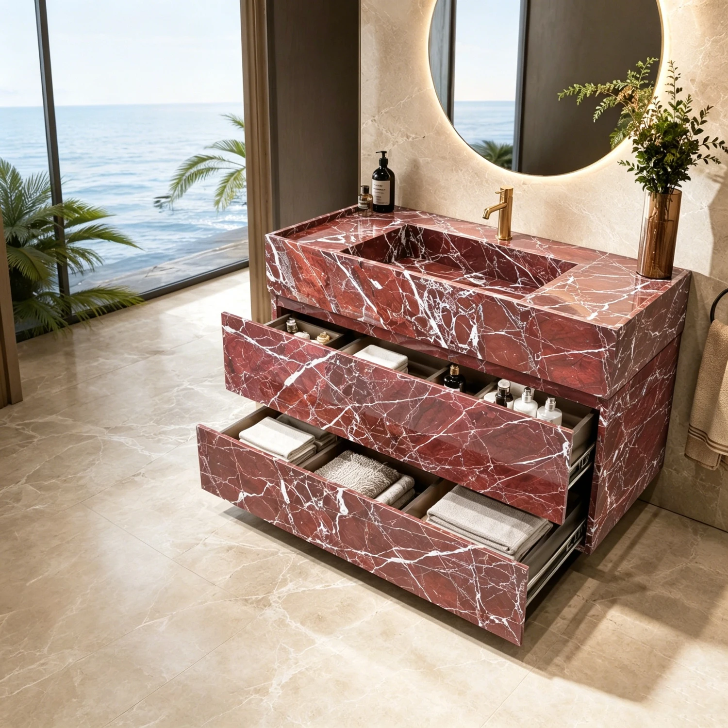#￥Luxury Glossy Natural Marble Stone Calacatta Viola Marble Basin Floating Bathroom Vanity Cabinet Set with Sink for Villa Hotel