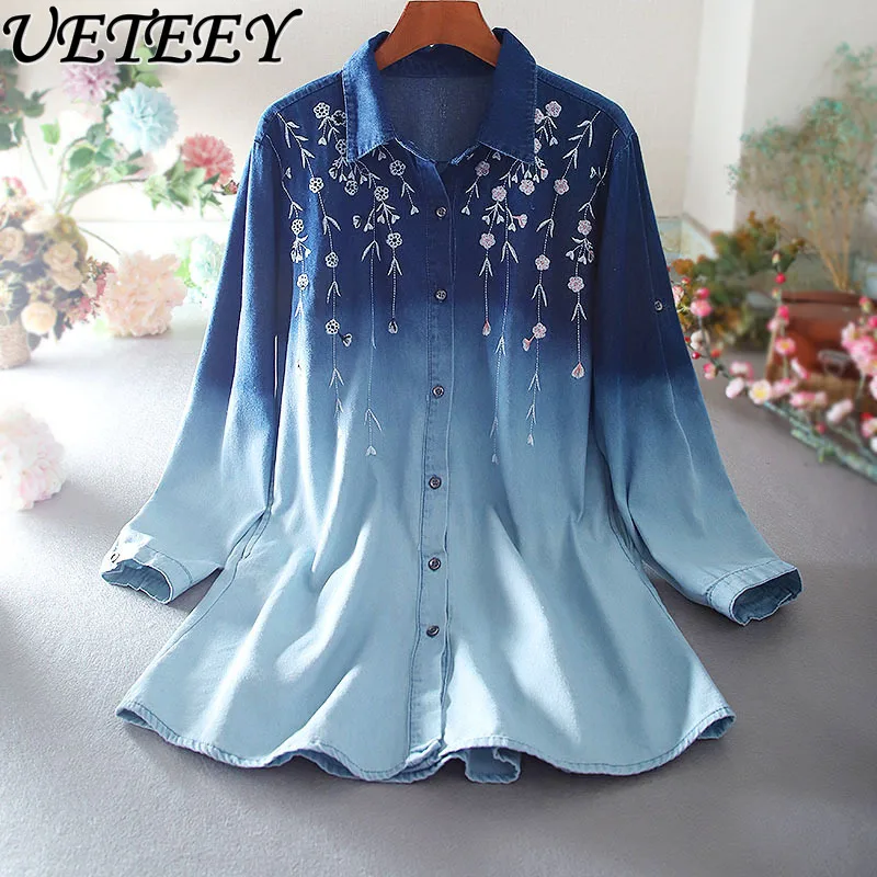 

Spring Women's Clothing Washed Retro Gradient Denim Shirt Loose Oversized Tops Long Sleeves Embroidery Mid-Length Blouse